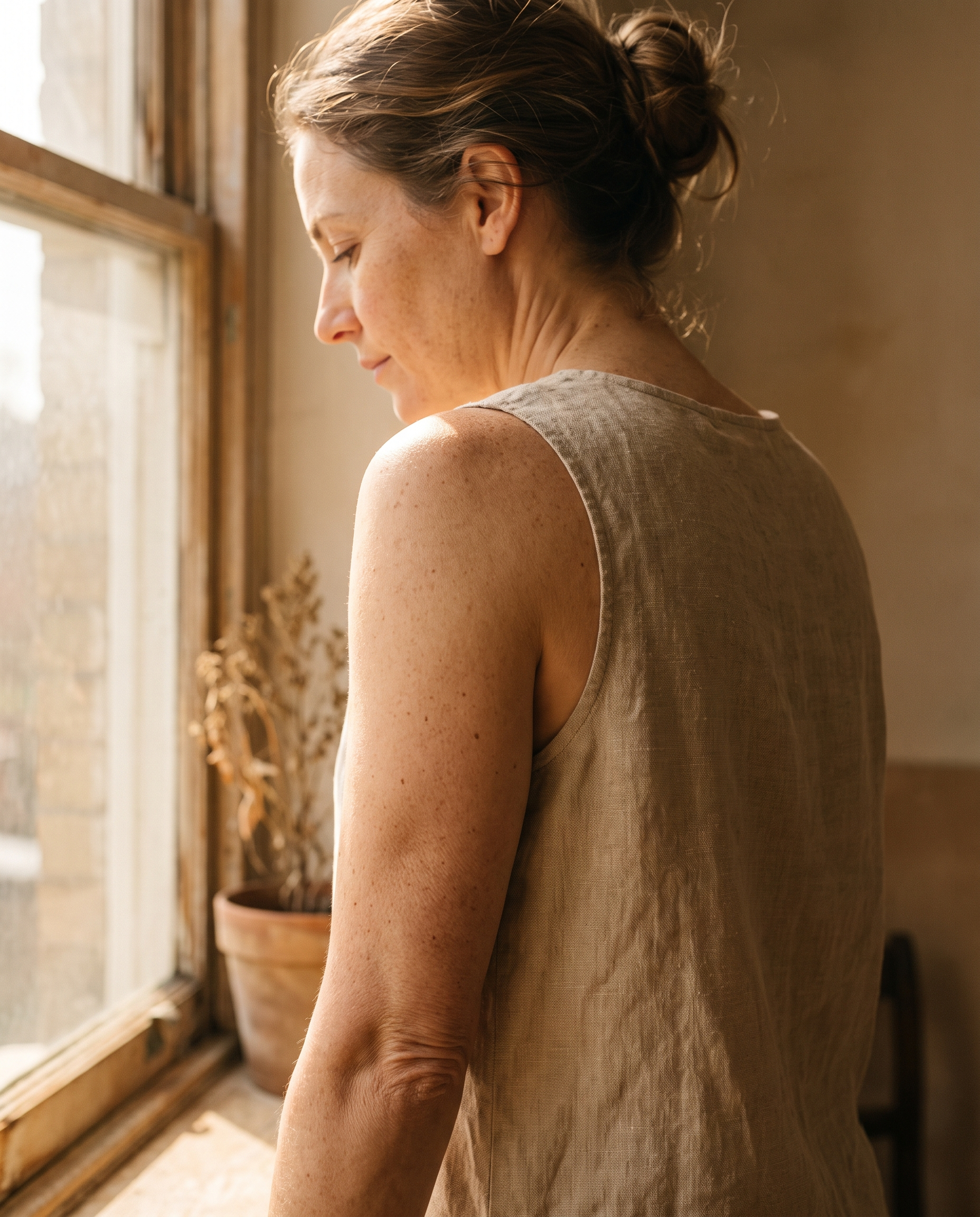 Vrouw in een mouwloze linnen top bij het raam, gladde huid op schouder en bovenarm in warm middaglicht