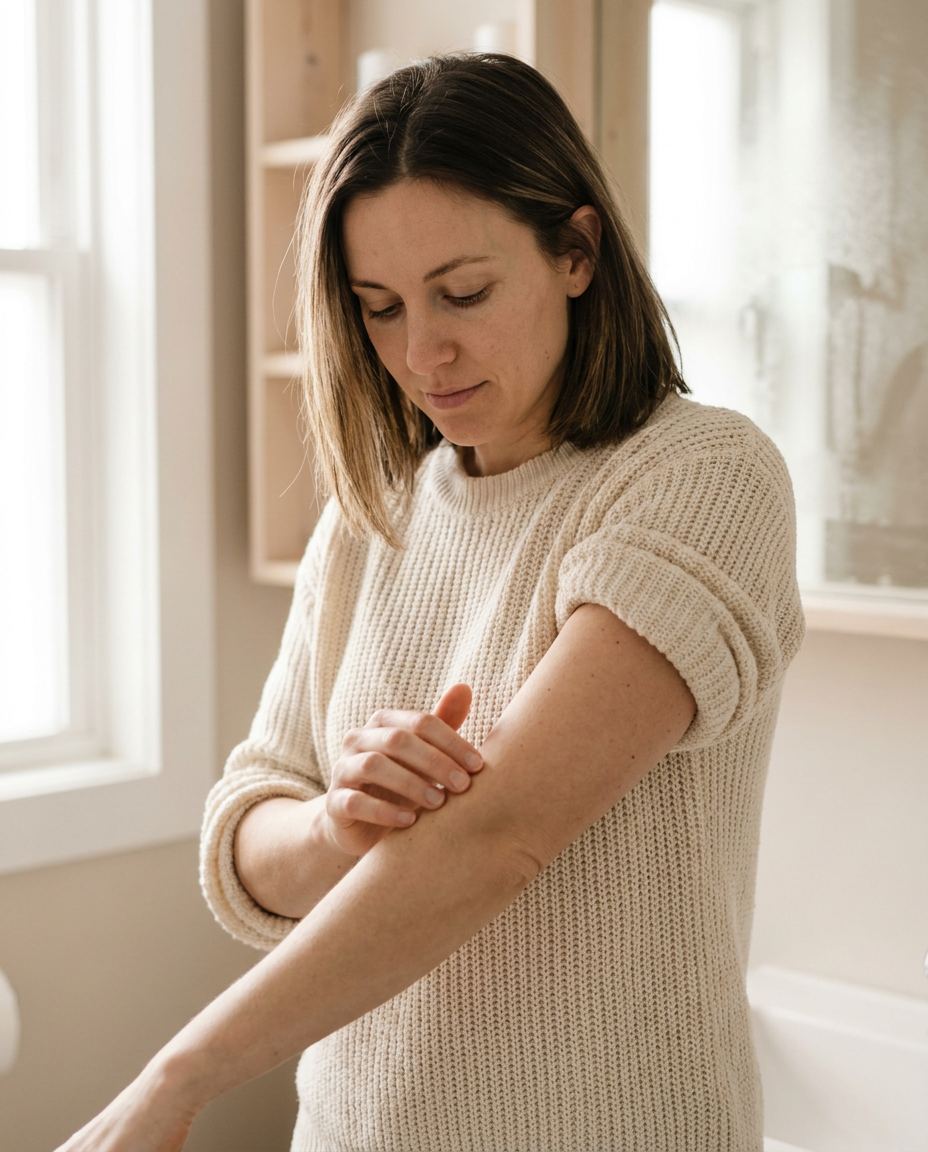 Vrouw in een lichte badkamer kijkt naar de huid van haar bovenarm