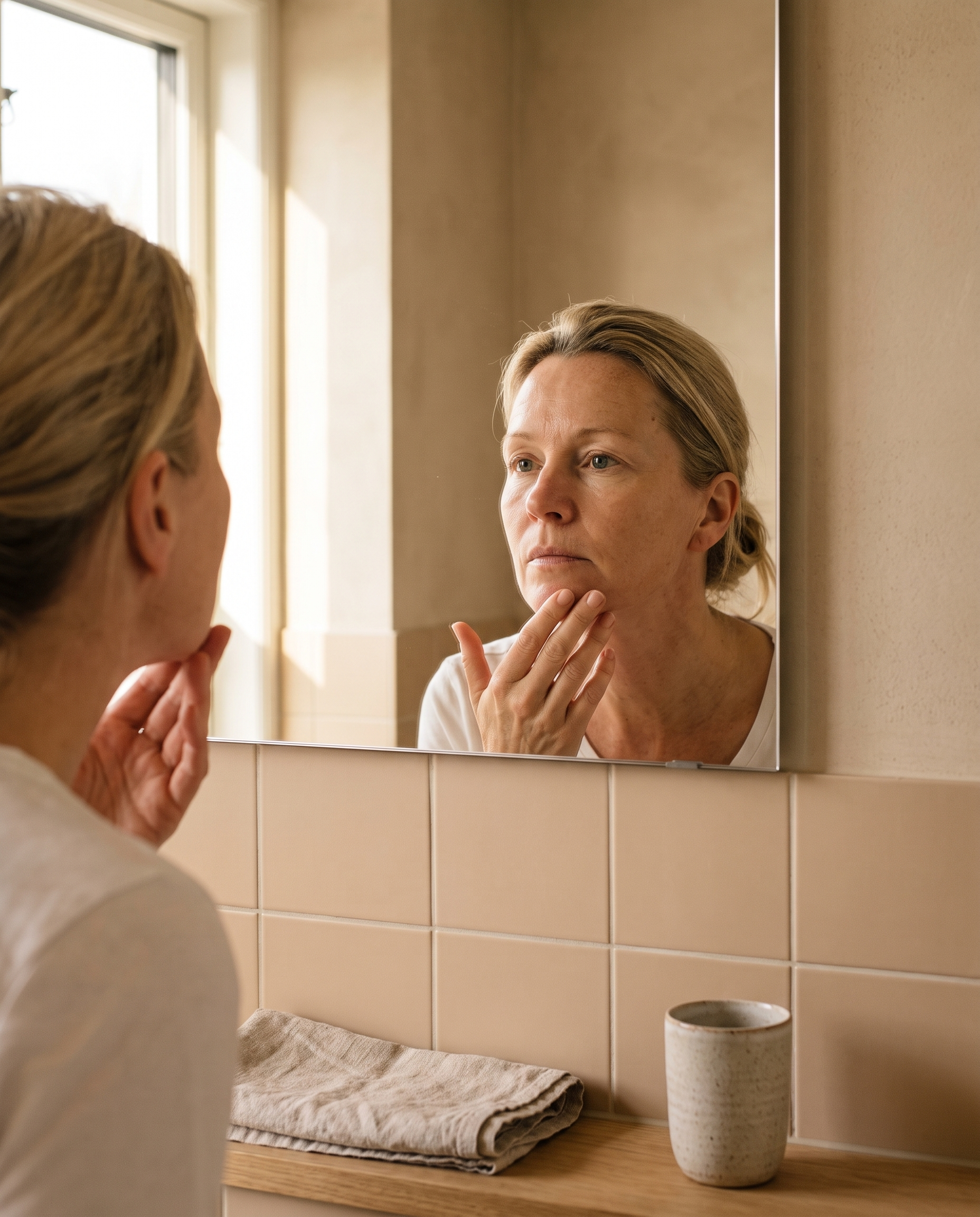 Vrouw kijkt in de badkamerspiegel en tilt met haar vingertoppen de huid langs haar kaaklijn op
