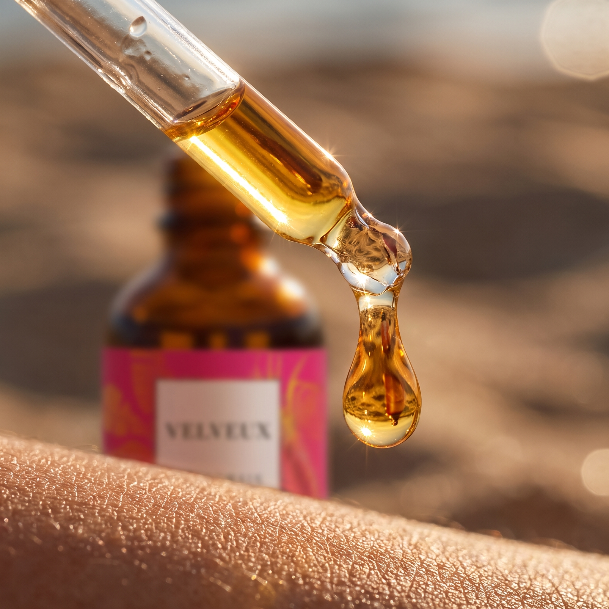 Close-up van de pipet met een gouden oliedruppel