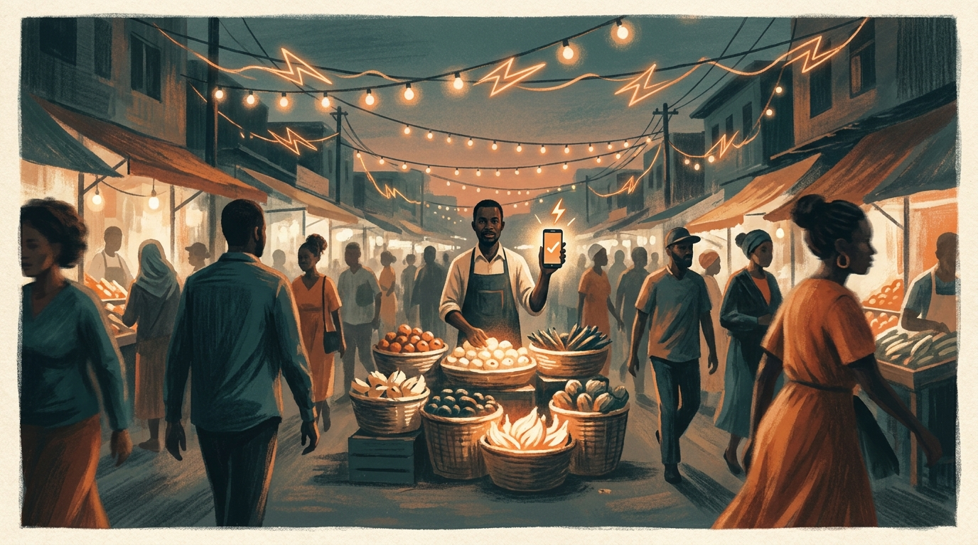 A Nairobi market vendor accepting a mobile payment