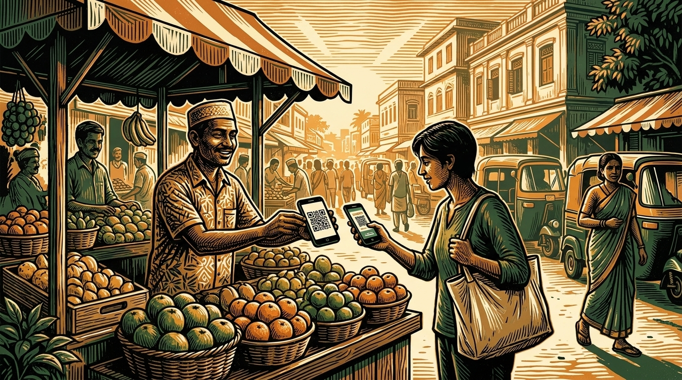 A bustling Indian street market at golden hour, a young shopkeeper glancing at a phone