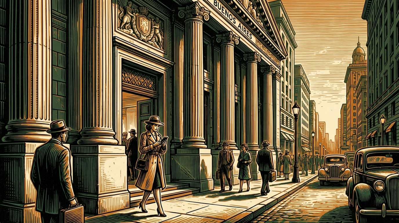 A Buenos Aires street corner at golden hour, a person paying at a cafe counter with a phone