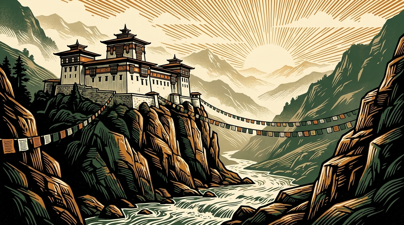 A Bhutan Himalayan valley with a dzong above a river