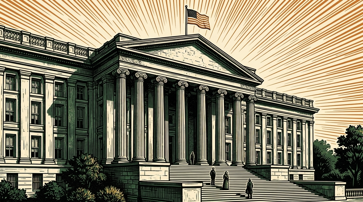 A dignified national treasury building at golden hour with a warm glowing vault interior