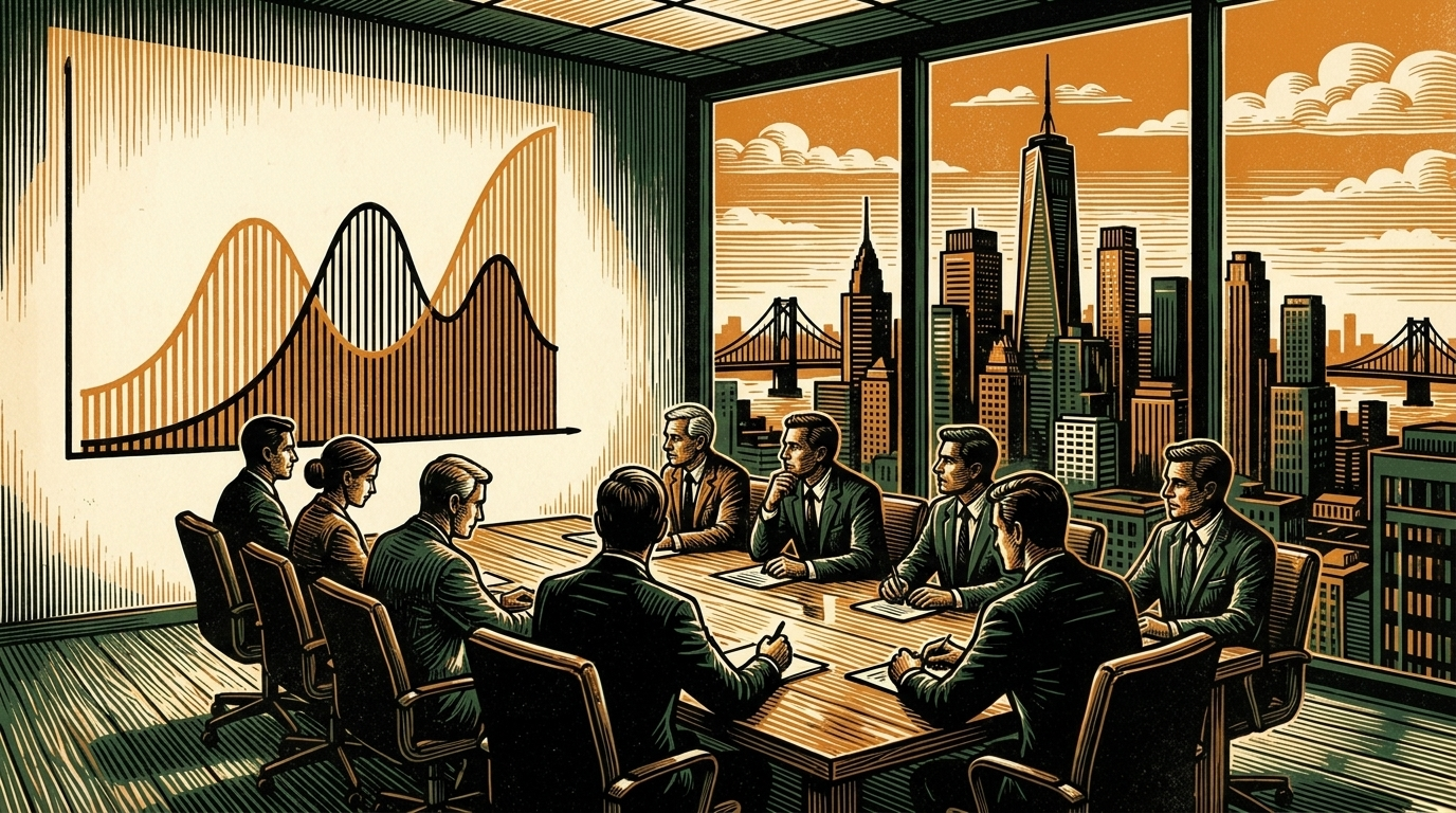 A modern corporate boardroom at golden hour, executives studying a glowing wall of figures
