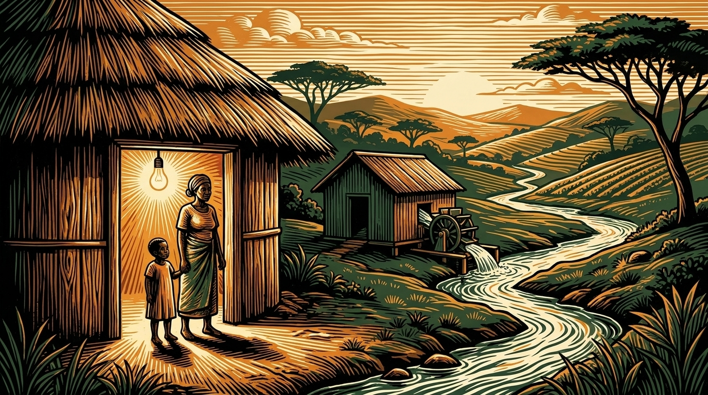 A rural Malawi village at golden hour with a micro-hydro station and a child reading under a new light