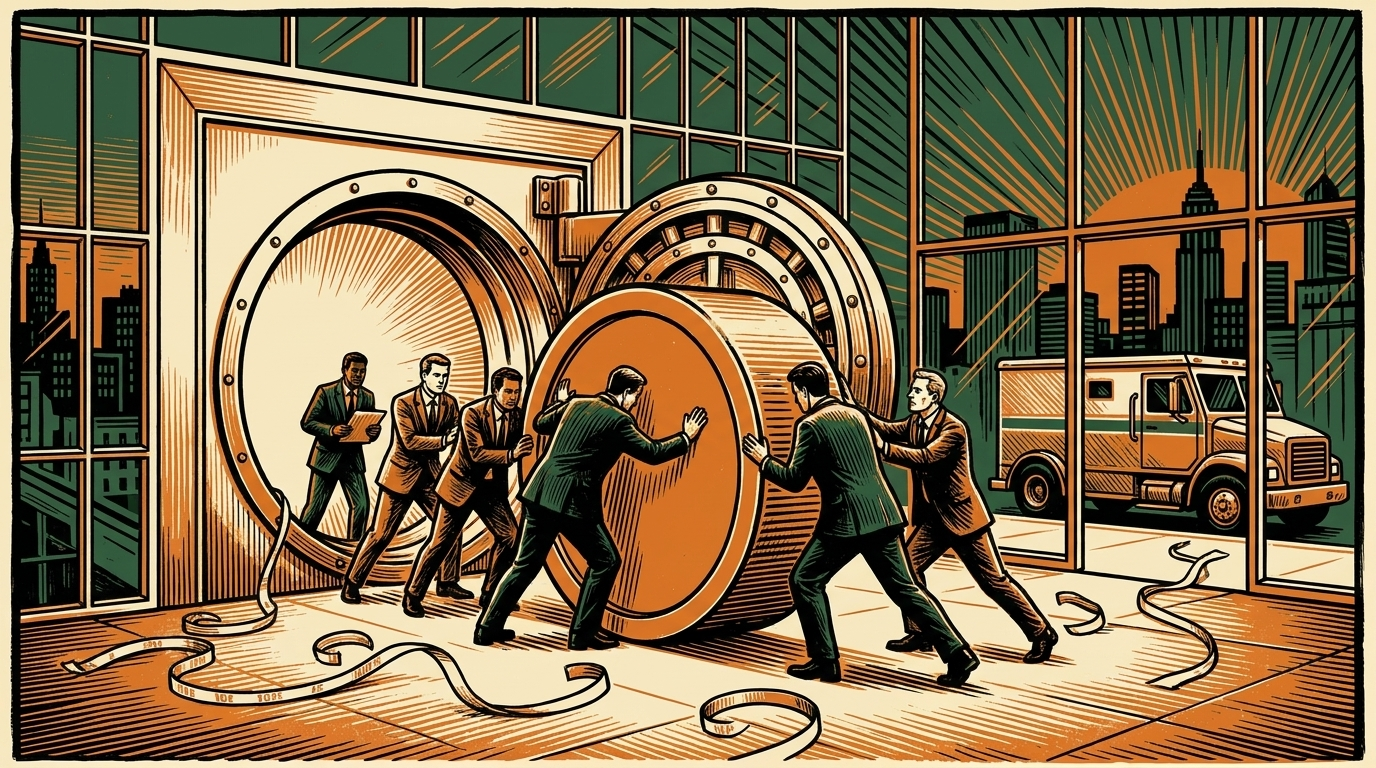 Executives roll an enormous coin out of a corporate vault toward an armored truck