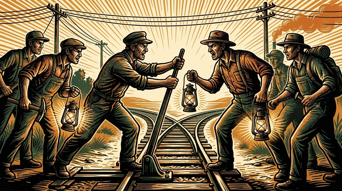 Two crews of railway workers argue at a switch where one track forks into two