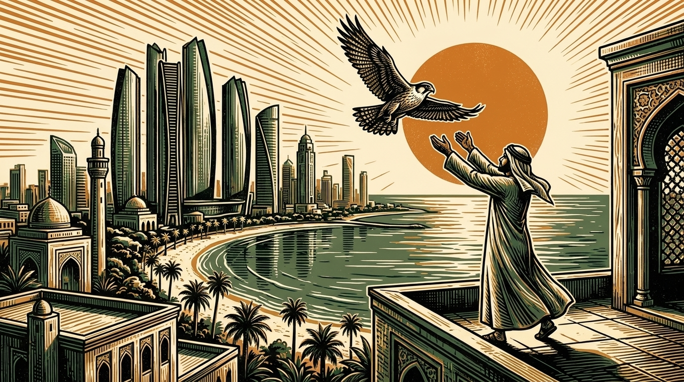 A falconer above the Abu Dhabi corniche releases a falcon toward a coin-like sun