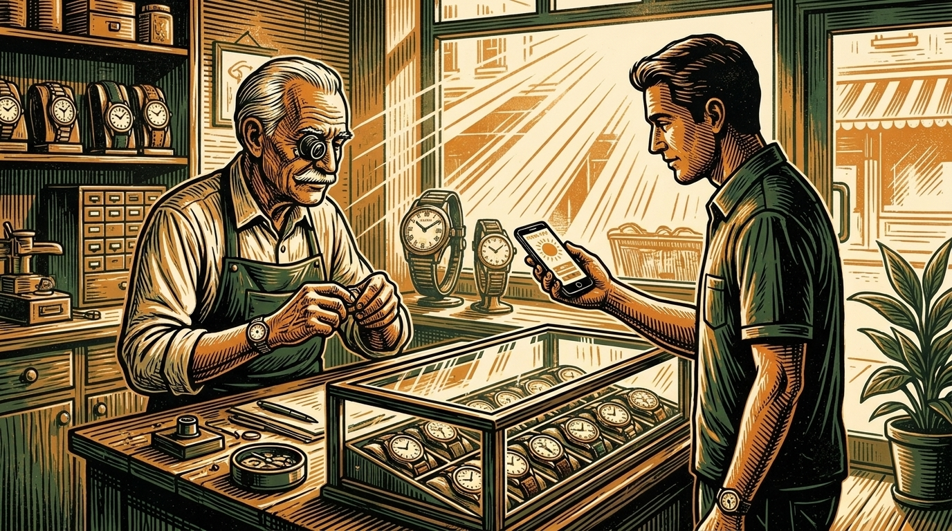 A watchmaker at his bench as a customer holds out a phone to pay