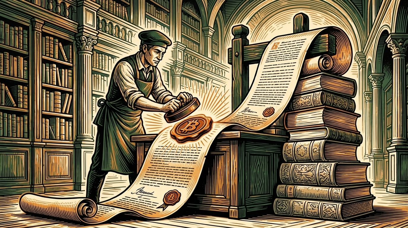 A notary presses a glowing seal onto a long scroll of documents in an old archive hall