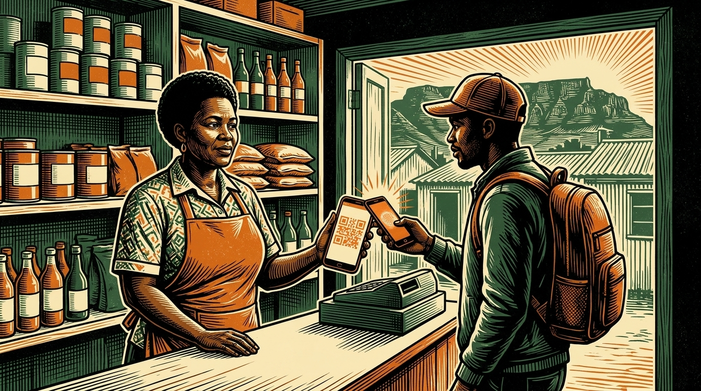 A Cape Town spaza-shop counter: a shopkeeper holds up a QR code as a customer pays by phone