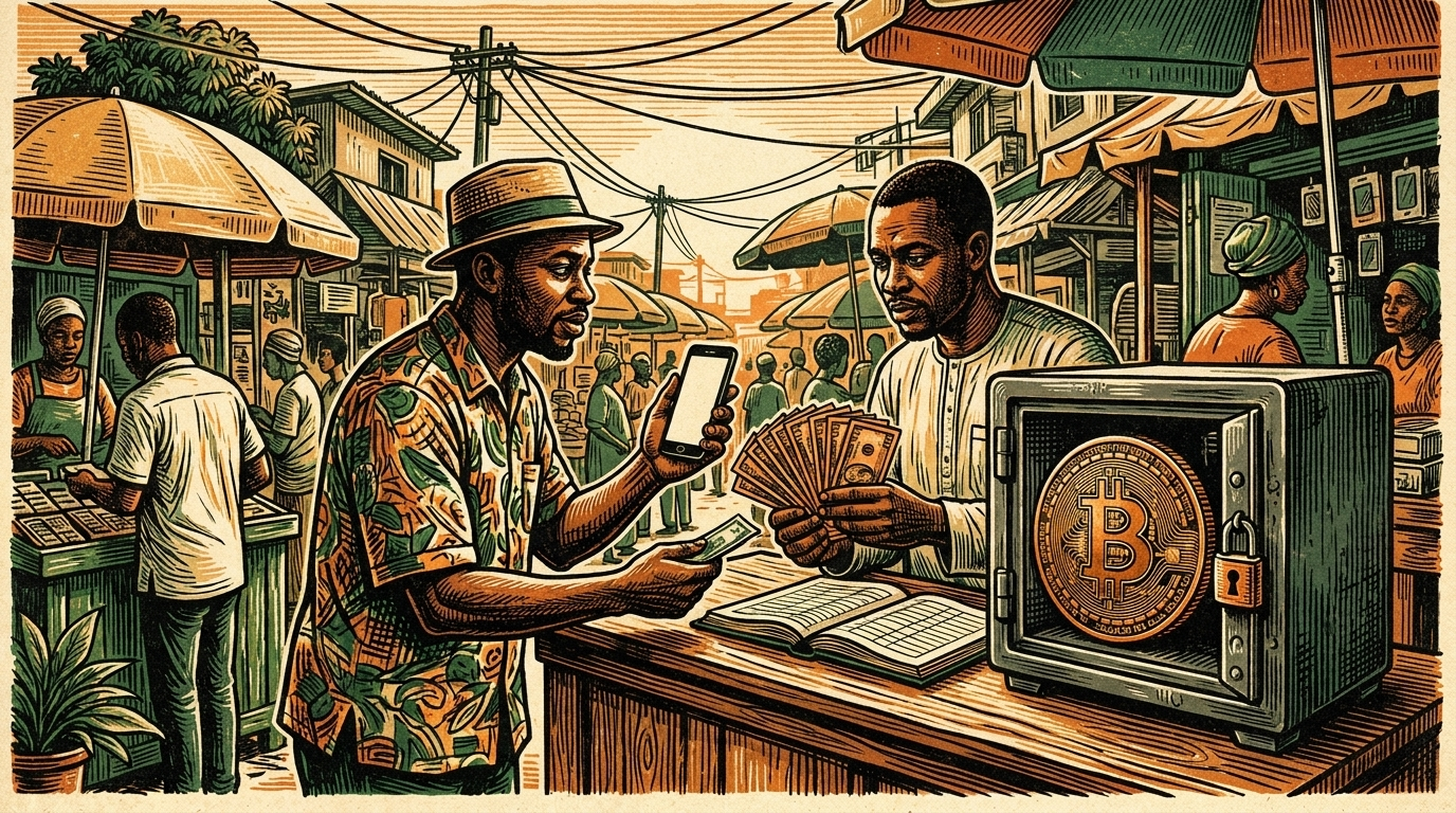 A Lagos market trader holds up his phone at a lender's counter and receives naira notes while a bitcoin coin sits locked in a strongbox