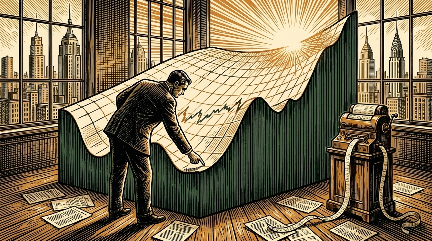 An analyst on a New York trading floor studies a carved price chart shaped like a valley as sun rays break over its far ridge