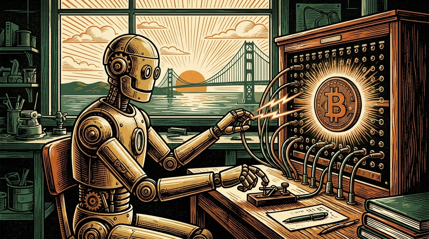 A brass automaton at a telegraph switchboard taps a key as lightning travels the wires toward a glowing bitcoin coin