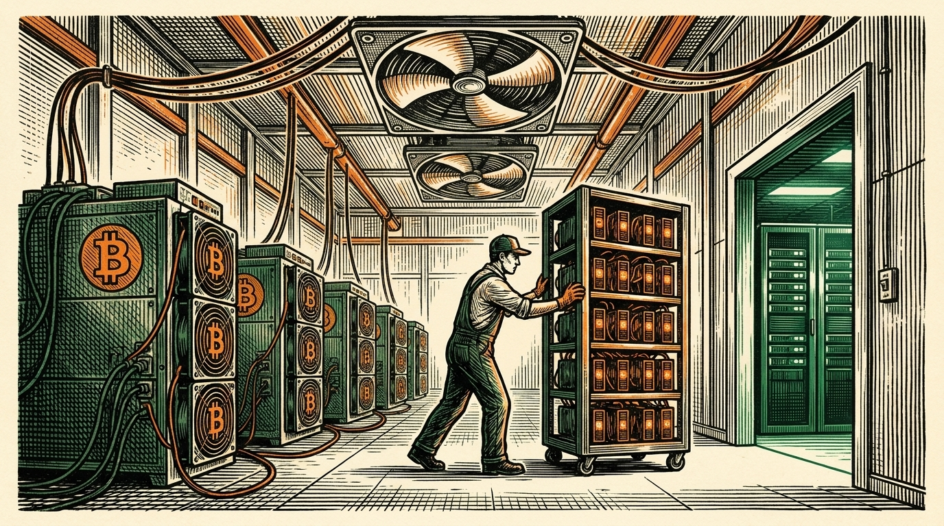 A worker wheels a rack of machines from a hall of bitcoin-marked mining rigs toward a glowing server room