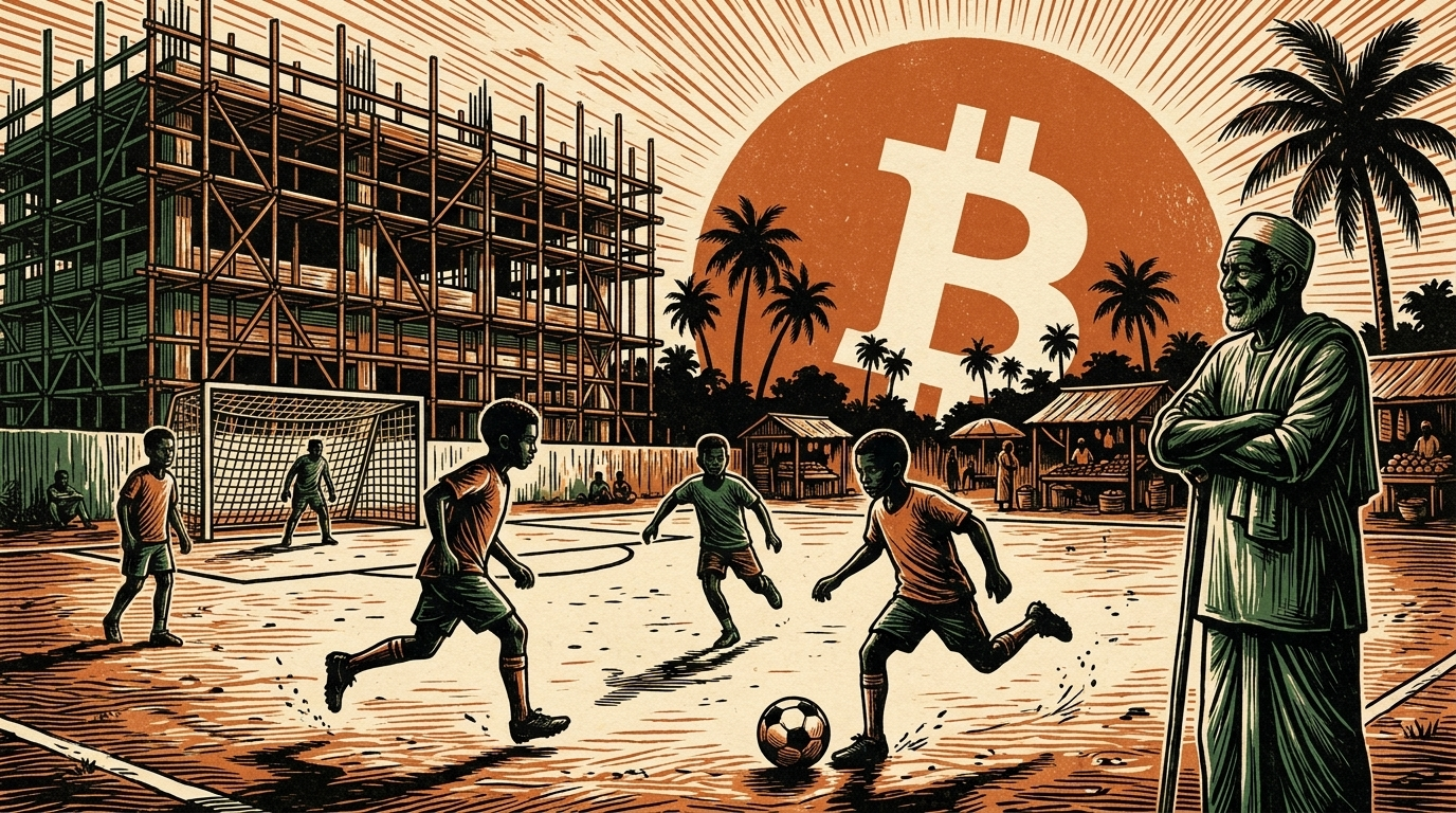 Boys play football at dusk beside a half-built sports complex in a Ghanaian town as a bitcoin sun rises behind palm trees