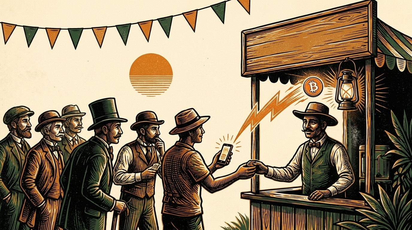 A bettor at a fairground booth sends a lightning bolt from his phone to the teller's lantern as a bitcoin coin arcs between them