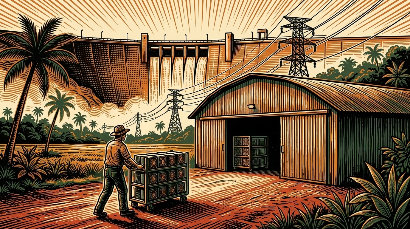 A technician wheels a rack of mining machines out of a corrugated warehouse beneath the Itaipú dam and its transmission lines
