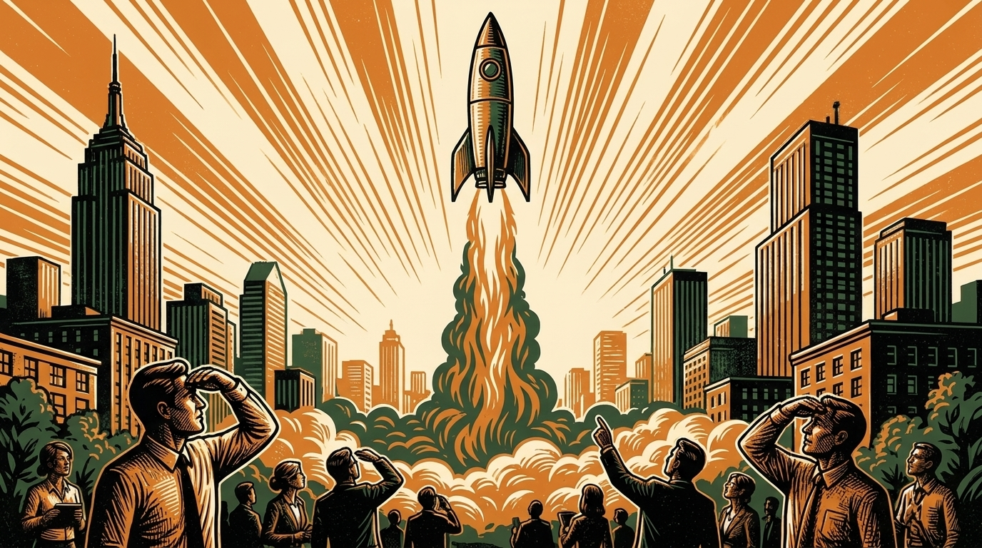 A rocket lifts off above a financial district as office workers watch from the street