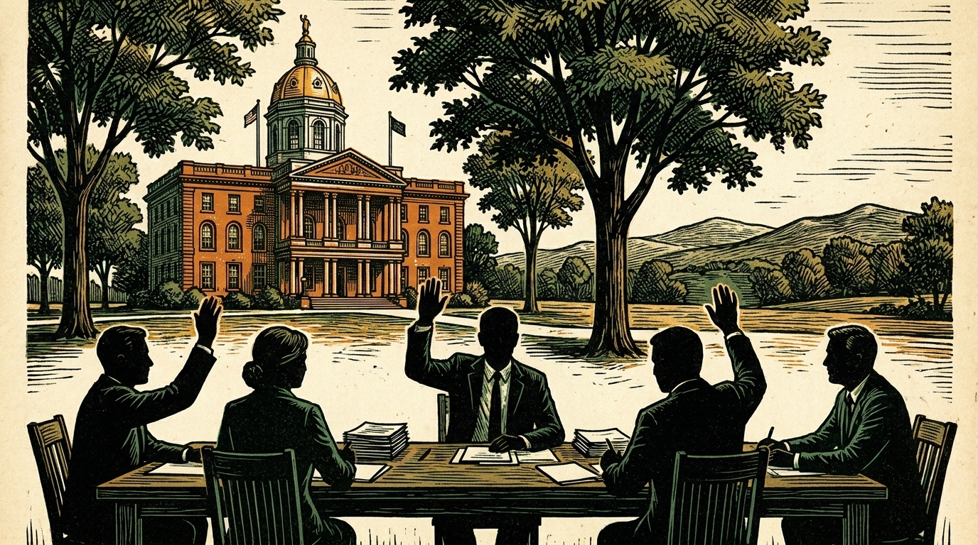 Five councilors at a table before the gold-domed New Hampshire State House, three hands raised