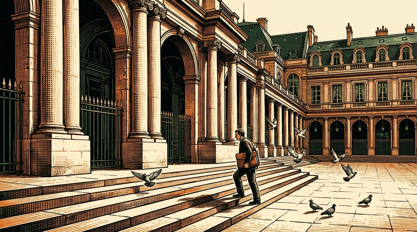 A lone figure carries a bound legal brief up the steps of the Palais-Royal in Paris
