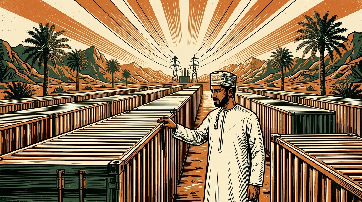 An Omani engineer inspects rows of container mining units in a desert yard, power lines converging on one central station