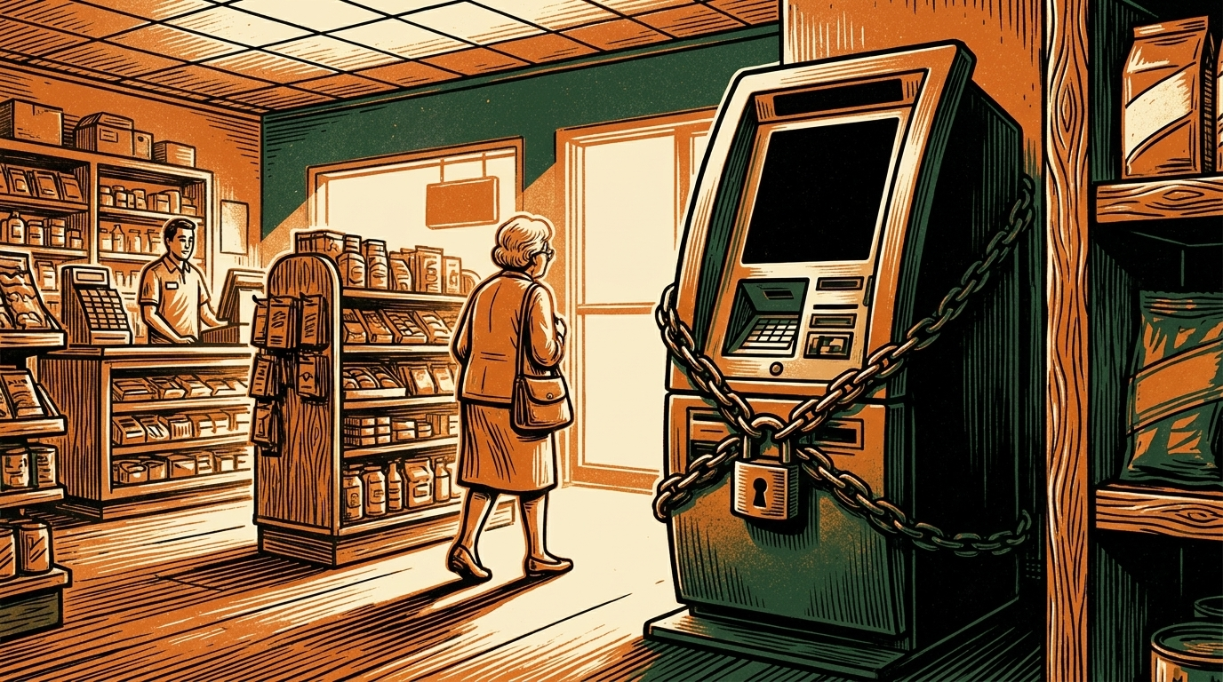 A chained and padlocked bitcoin ATM stands dark in a convenience store as an elderly woman walks toward the door
