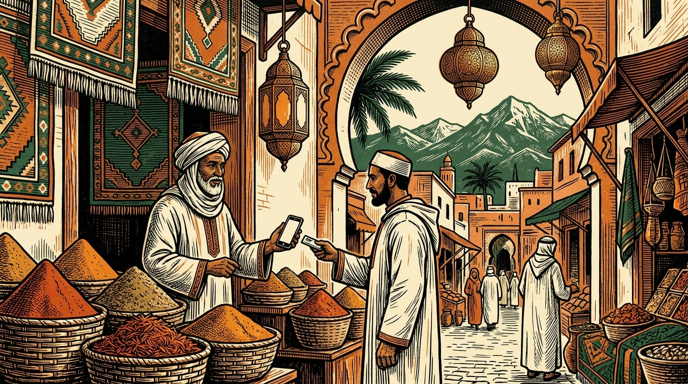 A Moroccan spice merchant accepts a phone payment from a customer in a medina street, the Atlas mountains beyond
