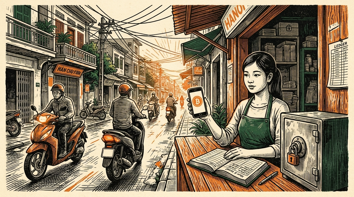 A Hanoi shopkeeper holds up her phone at a street-front counter, a ledger and strongbox beside her