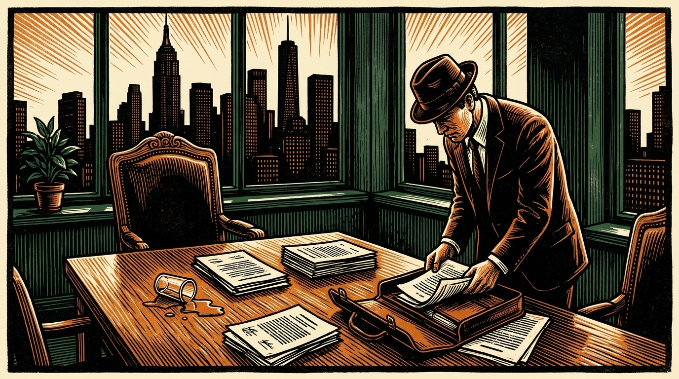 An empty chair at the head of a long boardroom table at night, unsigned papers scattered across it