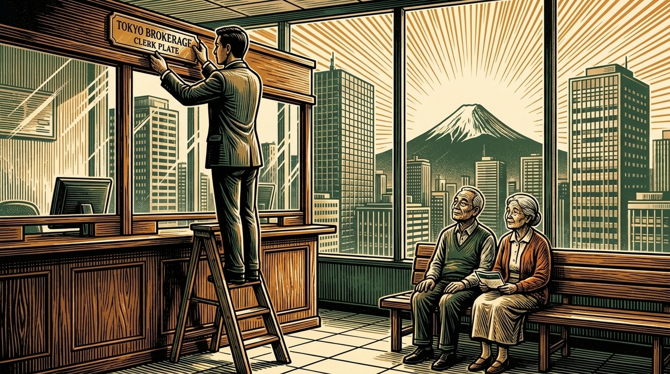 A clerk changes the brass nameplate above a wooden trading counter in a Tokyo brokerage at dawn