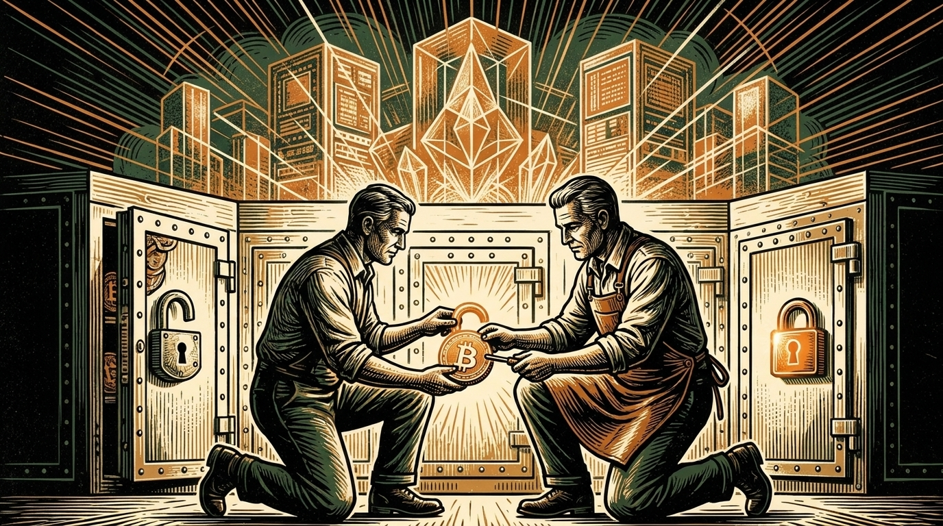 A vault-keeper rekeys heavy safe-deposit doors, moving a coin into a fresh sealed lock