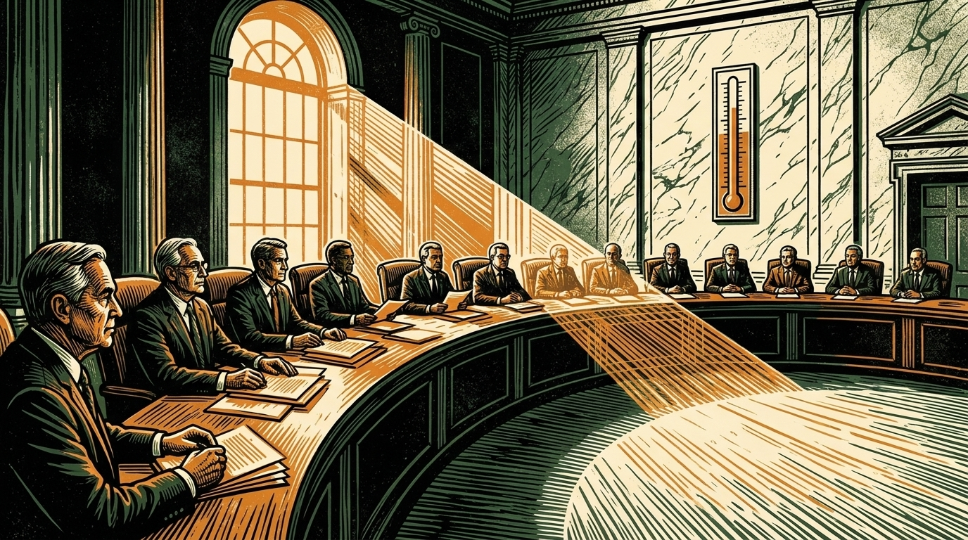 A long curved committee table of seated Federal Reserve governors, split by a hard shaft of light