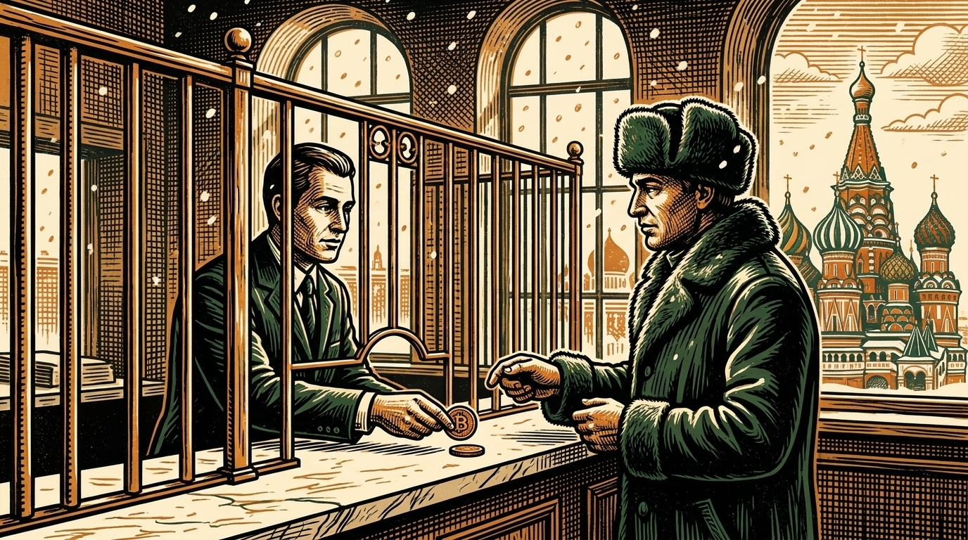 A teller behind a brass grille slides a coin across a marble counter in a Moscow bank hall in winter