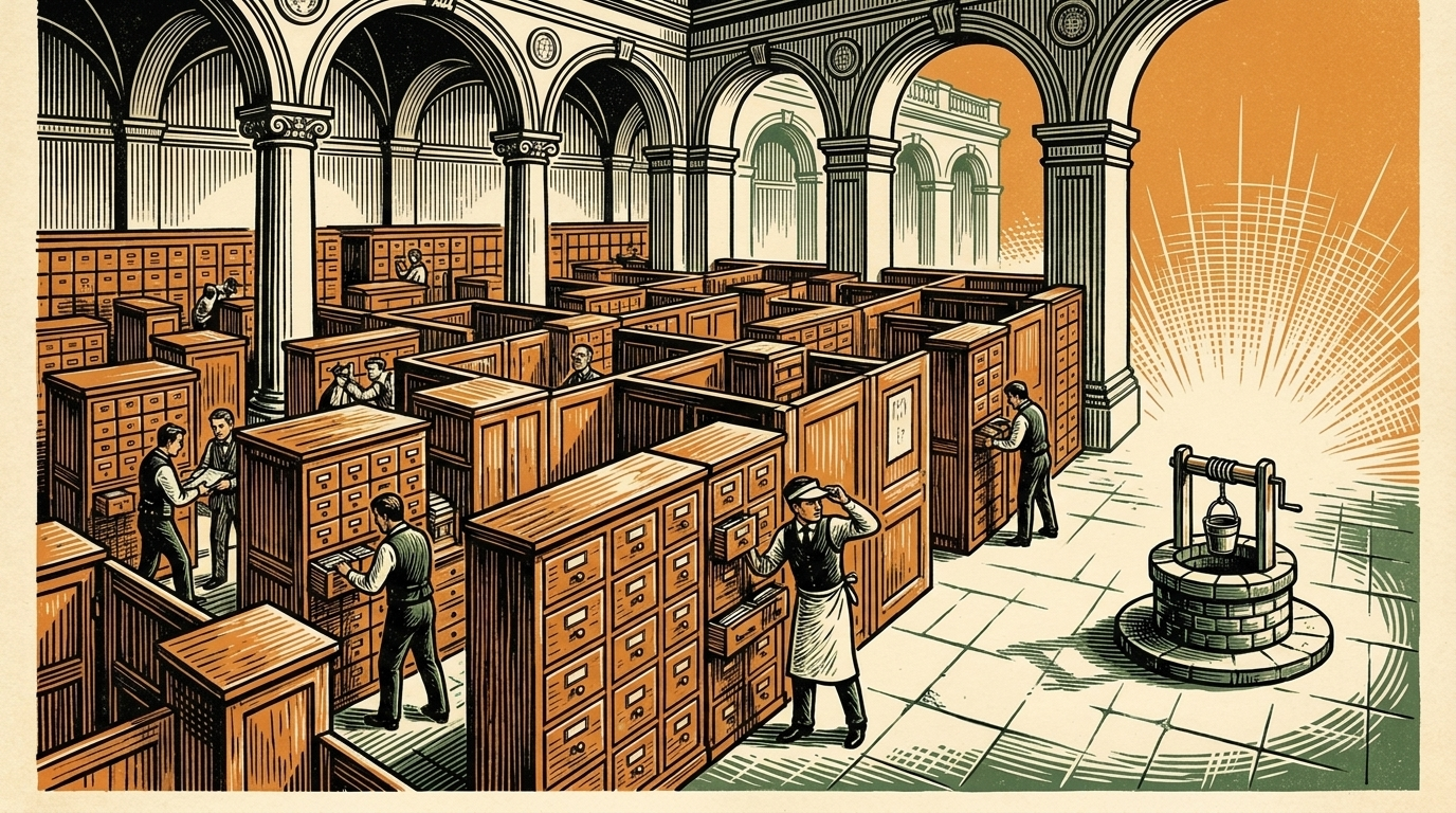 Clerks in a grand banking hall build a walled maze of ledger cabinets around themselves; outside the wall, an open square with a single bright well