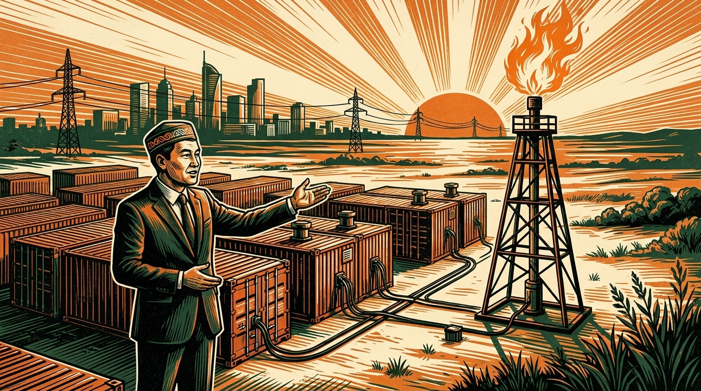 A Kazakh official gestures toward container bitcoin mines on the steppe beside a gas flare