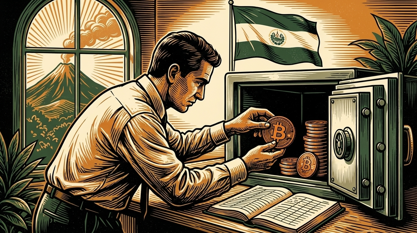 A San Salvador treasury official places a bitcoin coin into a steel vault, a volcano visible through the window