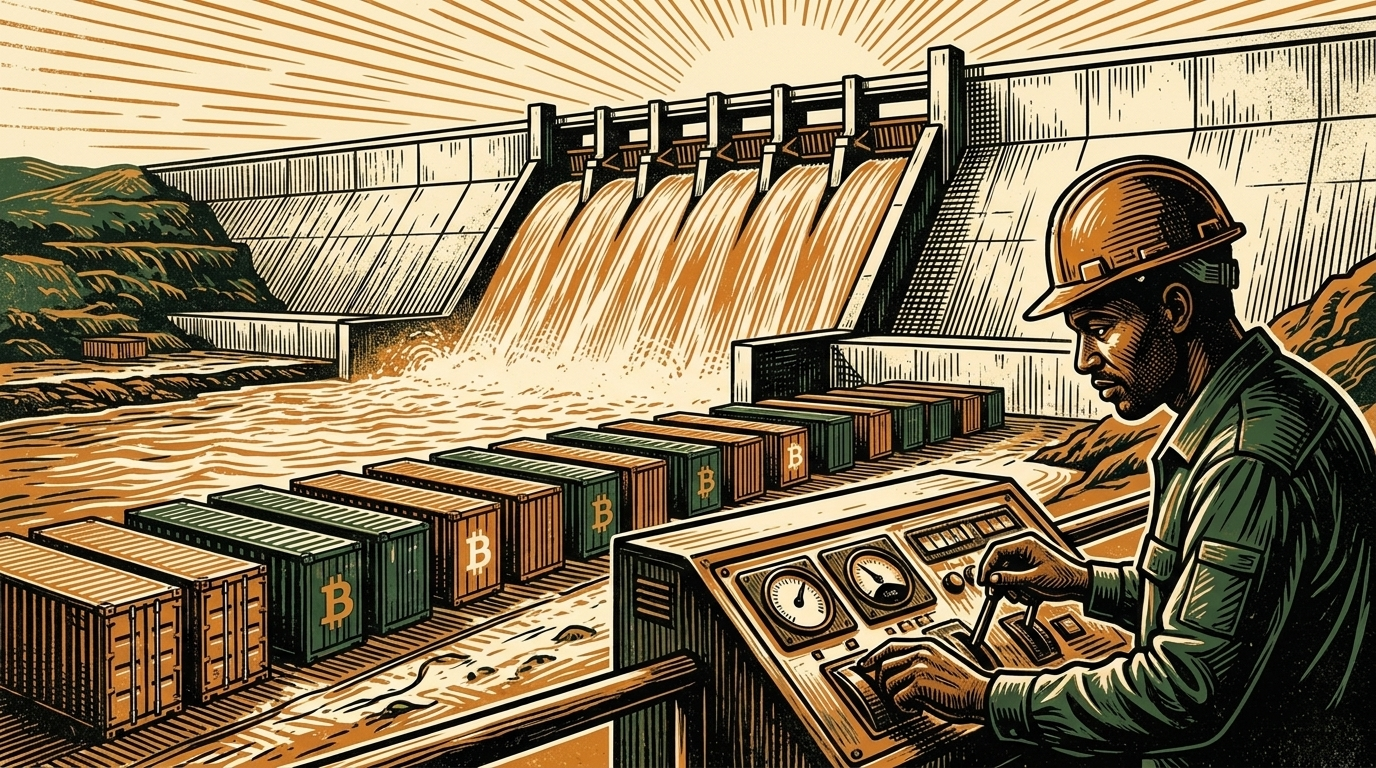 The Grand Ethiopian Renaissance Dam with bitcoin mining containers along the riverbank and an engineer checking a panel