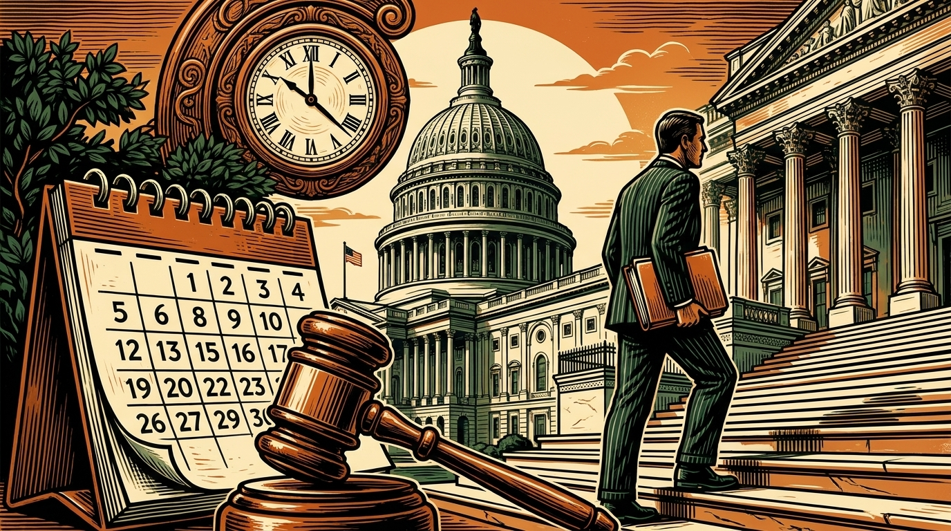 The United States Capitol at dusk with a wall calendar and gavel in the foreground and a legislator climbing the steps