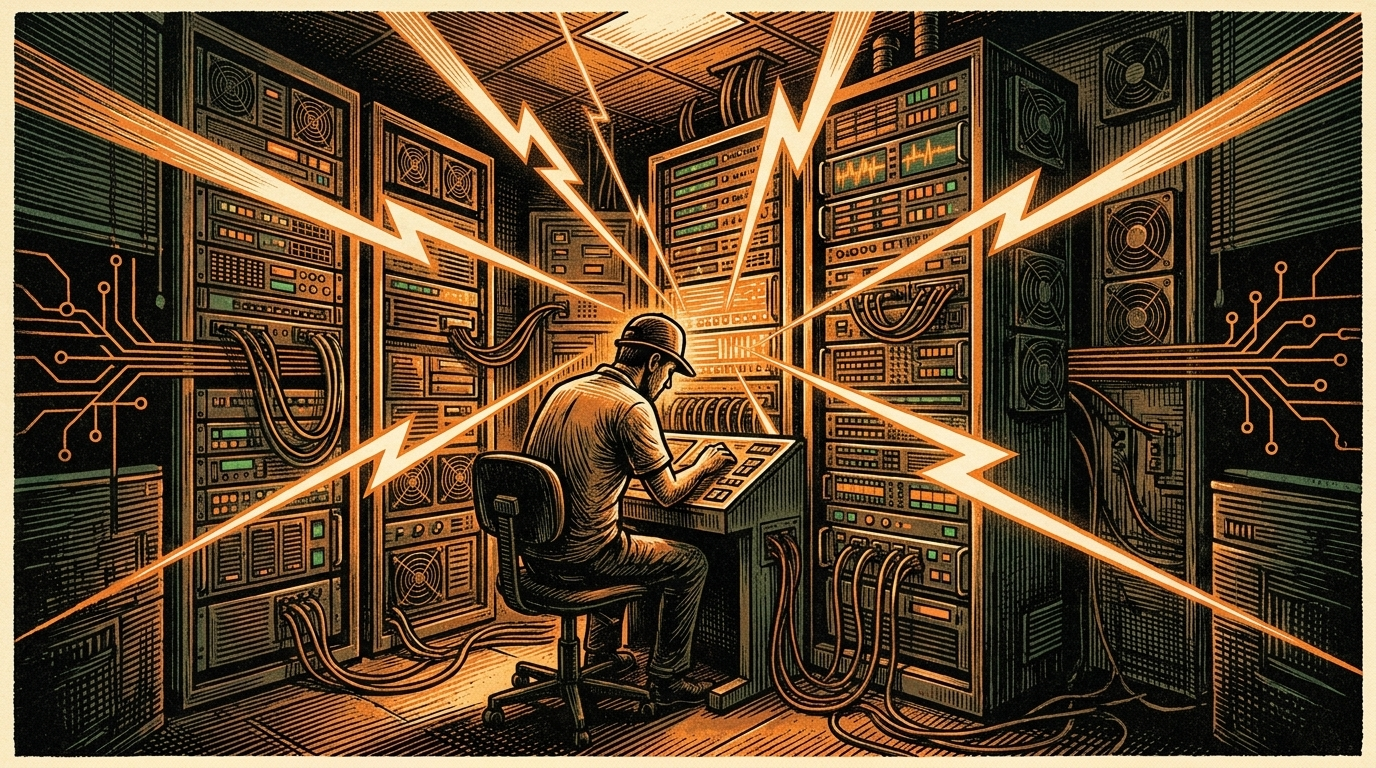 A lone routing-node operator in a small server room with lightning-bolt lines radiating to distant hubs