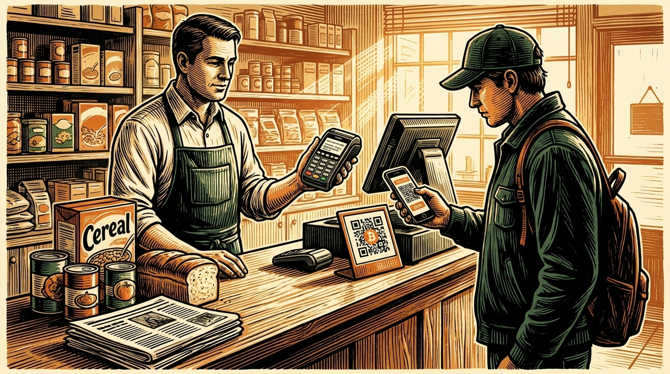 An American corner-shop checkout where a shopkeeper holds a card reader as a customer scans a bitcoin QR code with a phone