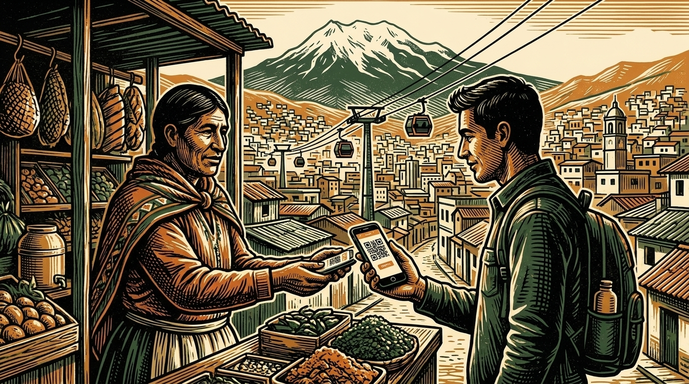 A La Paz market vendor accepts a phone-scanned payment beneath the Andes and the cable cars of the city