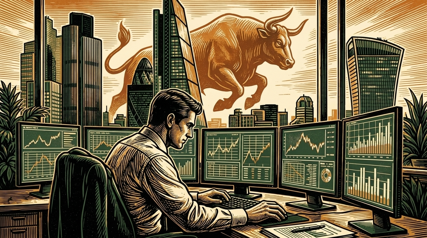 A City of London analyst at a desk of trading screens beneath the towers of the financial district