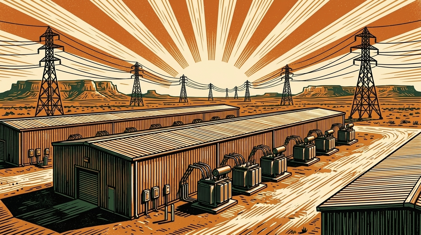 A West Texas data-center campus of server halls and transformers under a wide mesa sky with transmission towers