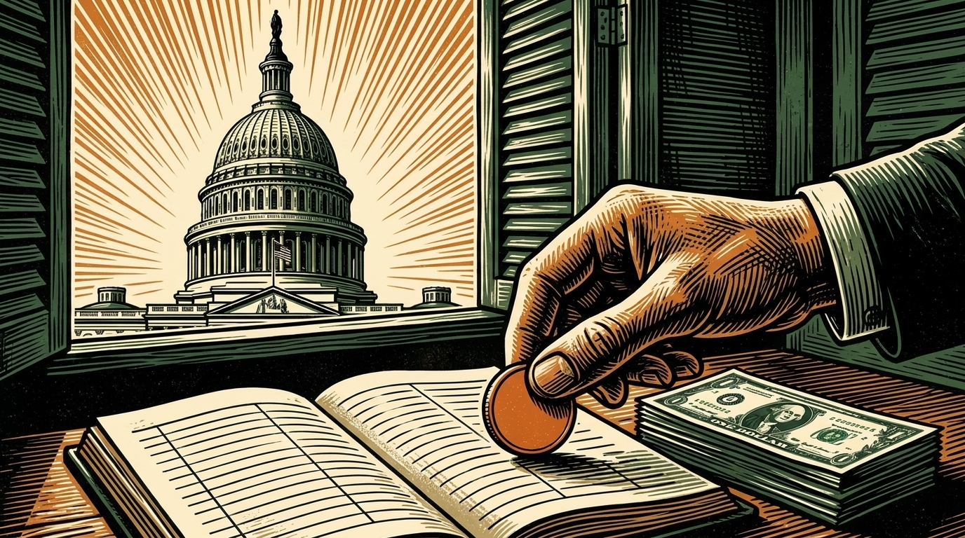 The US Capitol at dawn with a hand setting a bitcoin coin on a ledger beside dollar bills