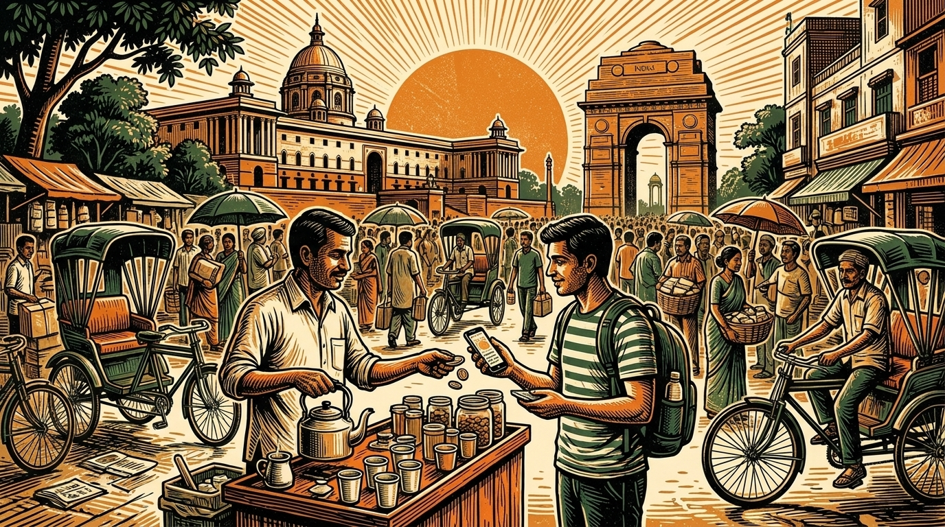 A New Delhi market vendor takes a phone payment, India Gate and a government dome behind