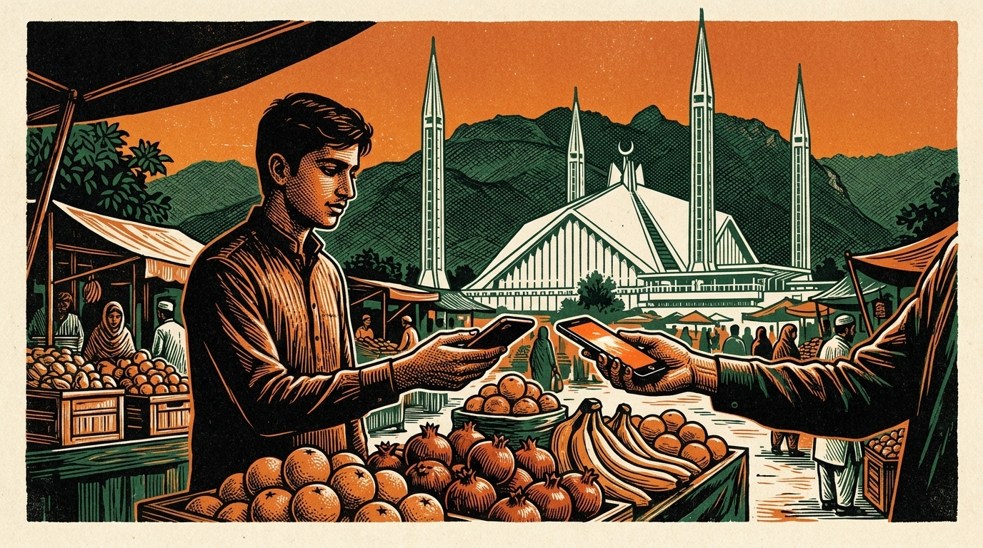 An Islamabad market shopkeeper takes a phone payment, the Faisal Mosque and Margalla Hills behind