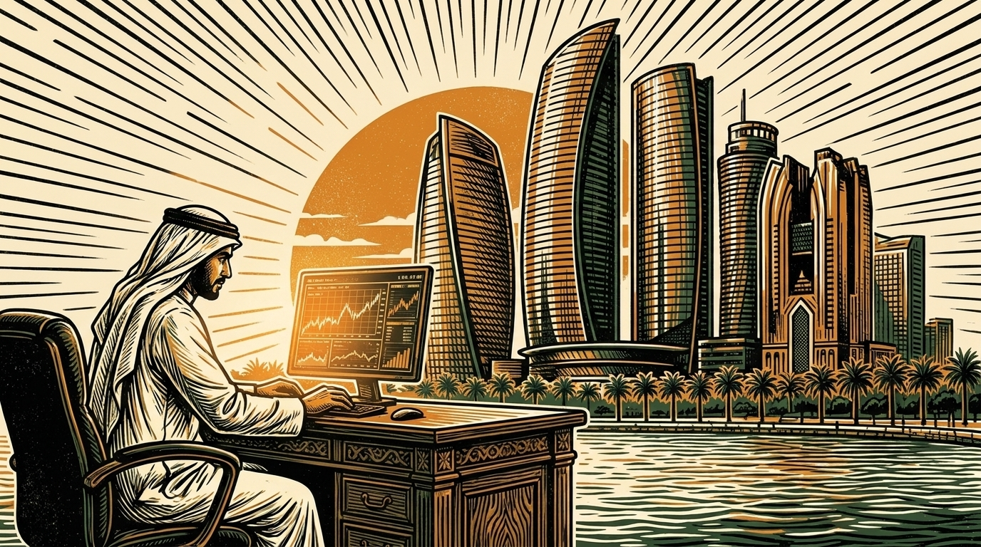 An Abu Dhabi trader reviews a screen with the Al Maryah Island skyline behind